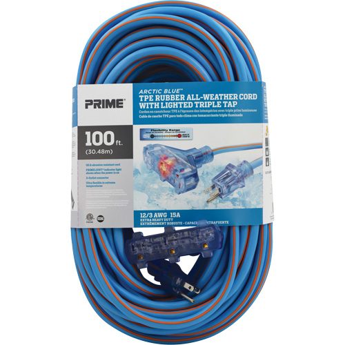 Arctic Blue TPE-Rubber Extension Cord, All-Weather, SJEOW, 12/3 AWG, 15 A, 3 Outlet(s), 100' Helyx Safety & Industrial Supplies