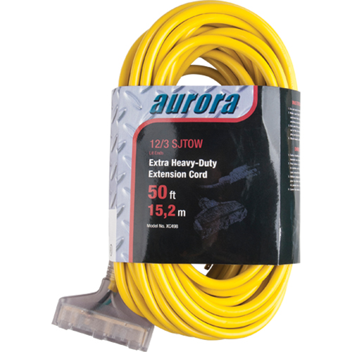 Vinyl Extension Cord with Light Indicator, Outdoor, SJTOW, 12/3 AWG, 15 A, 3 Outlet(s), 50' Helyx Safety & Industrial Supplies