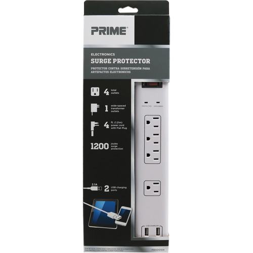 Limiteurs de surtension avec chargeur USB, 4 Prises, 1200 J, 1875 W, Cordon 4' Helyx Safety & Industrial Supplies