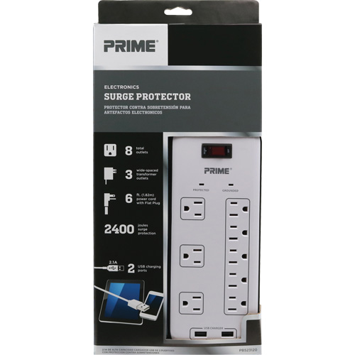 USB Charging Surge Protectors, 8 Outlets, 2400 J, 1875 W, 6' Cord Helyx Safety & Industrial Supplies