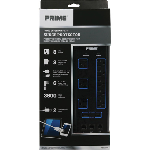 Limiteurs de surtension avec chargeur USB, 8 Prises, 3600 J, 1875 W, Cordon 6' Helyx Safety & Industrial Supplies