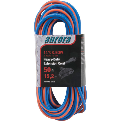 TPE-Rubber Extension Cord with Light Indicator, All-Weather, SJEOW, 14/3 AWG, 15 A, 3 Outlet(s), 50' Helyx Safety & Industrial Supplies