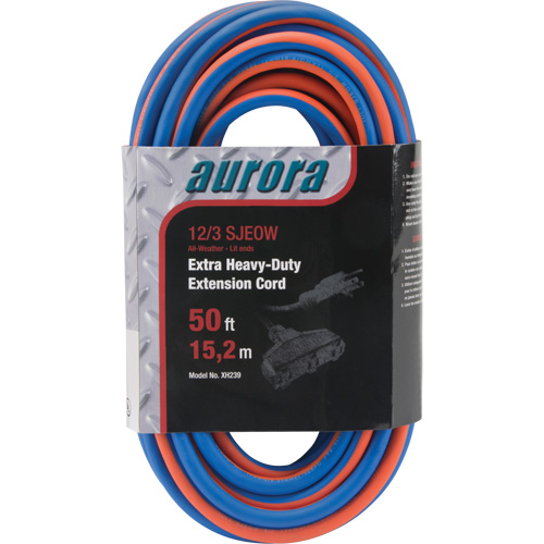 TPE-Rubber Extension Cord with Light Indicator, All-Weather, SJEOW, 12/3 AWG, 15 A, 3 Outlet(s), 50' Helyx Safety & Industrial Supplies