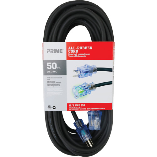 All-Rubber Extension Cord, Outdoor, SJOOW, 12/3 AWG, 15 A, 50' Helyx Safety & Industrial Supplies
