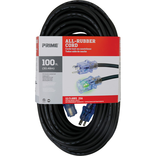 All-Rubber Extension Cord, Outdoor, SJOOW, 12/3 AWG, 15 A, 100' Helyx Safety & Industrial Supplies
