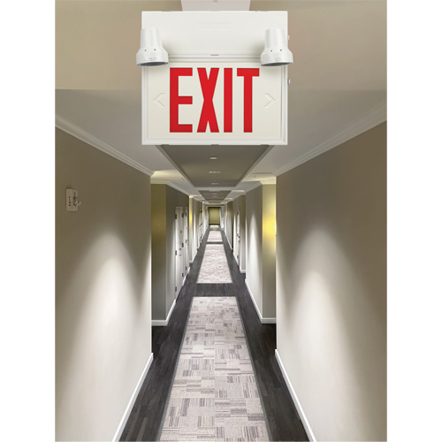 Enseigne de sortie avec &eacute;clairage de s&eacute;curit&eacute;, DEL, &agrave; piles/&agrave; raccordement fixe, 12-1/10" lo x 11" la, Anglais Helyx Safety & Industrial Supplies