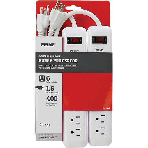 Surge Protector 2-Pack, 6 Outlets, 400 J, 1875 W, 1.5' Cord Helyx Safety & Industrial Supplies