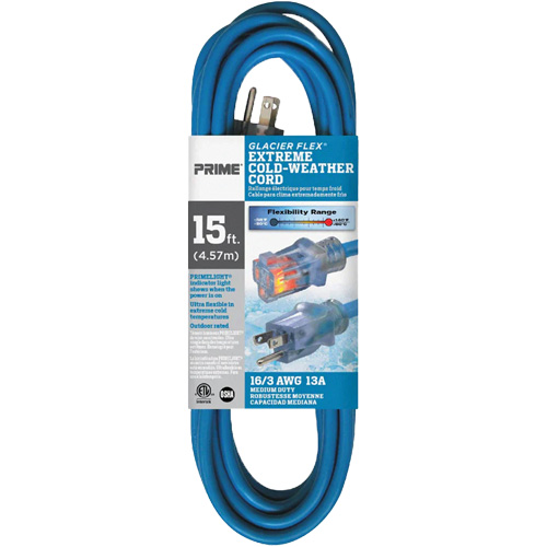 Glacier Flex&reg; Extreme Cold Weather Extension Cord, Outdoor, SJTW, 16/3 AWG, 13 A, 15' Helyx Safety & Industrial Supplies