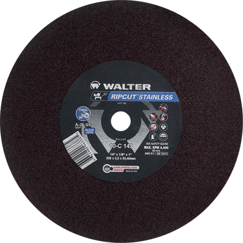 Meule &agrave; tronçonner Ripcut II pour la coupe de l'acier inoxydable sur scies fixes, 14" x 1/8", Arbre de 1", Type 1, Oxyde d'aluminium, 4400 Tr/min Helyx Safety & Industrial Supplies