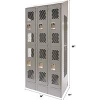 Casiers ventil&eacute;s, 2 niveaux, Bloc de 3, 36" x 18" x 88", Acier, Gris, D&eacute;mont&eacute;, Perfor&eacute; Helyx Safety & Industrial Supplies