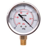 Pressure Gauges, 2-1/2" , 30" Hg-0" Vac., Bottom Mount, Liquid Filled Analogue Helyx Safety & Industrial Supplies