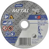 Meule &agrave; tronçonner m&eacute;tallique pour coupe &agrave; angle droit RightCut, 4-1/2" x 0,04", Arbre de 7/8", Type 01/41, Oxyde d'aluminium, 13580 Tr/min Helyx Safety & Industrial Supplies