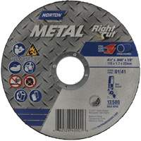 Meule &agrave; tronçonner m&eacute;tallique pour coupe &agrave; angle droit RightCut, 4-1/2" x 0,045", Arbre de 7/8", Type 01/41, Oxyde d'aluminium, 13580 Tr/min Helyx Safety & Industrial Supplies