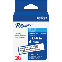 Ruban lamin&eacute; TZe-211 pour &eacute;tiqueteuses P-Touch compatibles avec les rubans TZe, Noir sur blanc, Largeur de 0,23" Helyx Safety & Industrial Supplies