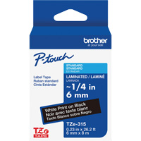 Ruban lamin&eacute; TZe-315 pour &eacute;tiqueteuses P-Touch compatibles avec les rubans TZe, Blanc sur noir, Largeur de 0,23" Helyx Safety & Industrial Supplies