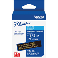 Ruban lamin&eacute; TZe-334 pour &eacute;tiqueteuses P-Touch compatibles avec les rubans TZe, Noir sur or, Largeur de 0,47" Helyx Safety & Industrial Supplies