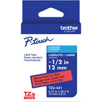 Ruban lamin&eacute; TZe-431 pour &eacute;tiqueteuses P-Touch compatibles avec les rubans TZe, 12 mm x 8 m, Noir/rouge Helyx Safety & Industrial Supplies