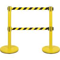 Barri&egrave;re pour le contr&ocirc;le des foules &agrave; courroie double, Acier, 35" h, Ruban Noir/Jaune, Longueur du ruban 7' Helyx Safety & Industrial Supplies