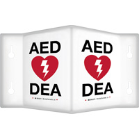 Enseigne &agrave; projection sur 90°  AED/ DEA , 9" x 6", Plastique, Bilingue avec pictogramme Helyx Safety & Industrial Supplies