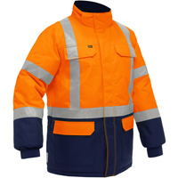 Manteau pour le froid extr&ecirc;me avec bas bleu marin et X au dos Bisley, Polyester, Orange haute visibilit&eacute;, Petit Helyx Safety & Industrial Supplies