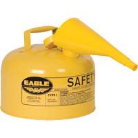 Bidon de s&eacute;curit&eacute; pour le diesel avec entonnoir, Type I, Acier galvanis&eacute;, 2,5 gal. US, Jaune, Homologu&eacute; FM/List&eacute; UL/ULC Helyx Safety & Industrial Supplies