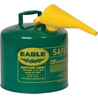 Bidon de s&eacute;curit&eacute; pour les combustibles avec entonnoir, Type I, Acier galvanis&eacute;, 5 gal. US, Vert, Homologu&eacute; FM/List&eacute; UL/ULC Helyx Safety & Industrial Supplies
