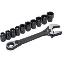11-Piece Pass-Thru X6 Adjustable Wrench & Spline Socket Set, 13" L, 2-27/50" Max Width, Black Phosphate Helyx Safety & Industrial Supplies