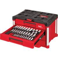 242-Piece 1/4”, 3/8” & 1/2” Drive Metric & SAE Ratchet & Socket Set with PACKOUT 4-Drawer Tool Box, 16-3/10" x 22-1/5" x 14-3/10", Black/Red Helyx Safety & Industrial Supplies