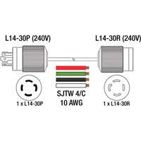 Generator Extension Cord with Quad Tap, Outdoor, 10 AWG, 30 A, 4 Outlet(s), 25' Helyx Safety & Industrial Supplies